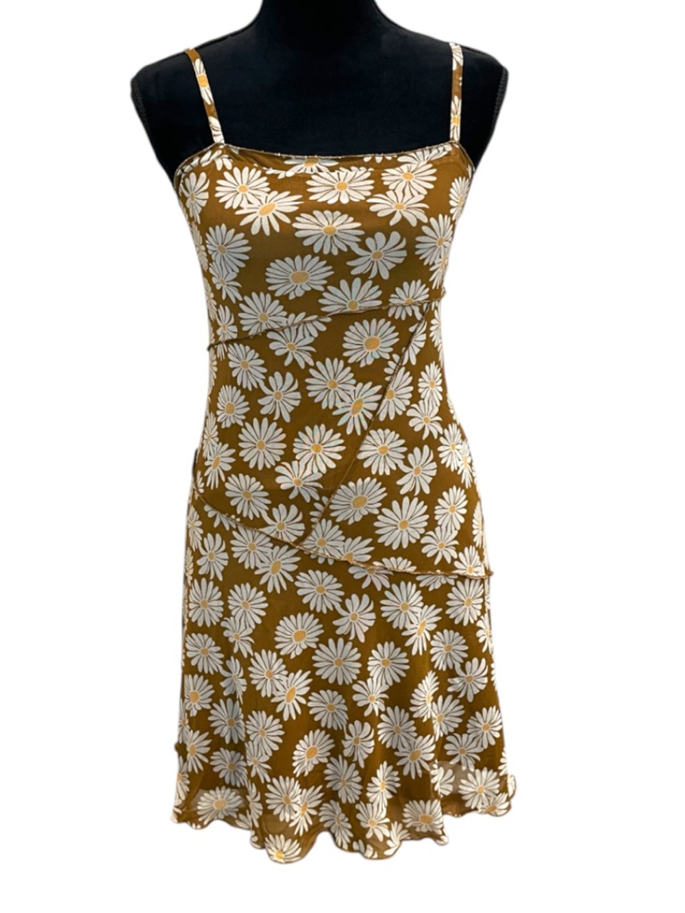 Brown Floral Daisy Print Spaghetti-Strap Mini Dress